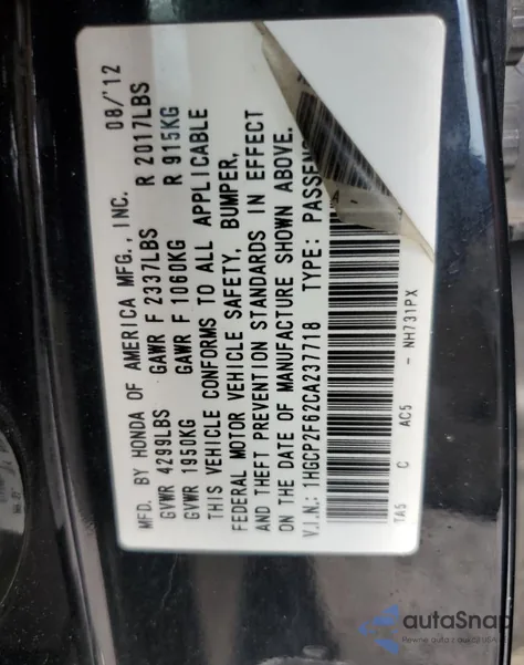 2012 Honda Accord Se z USA, uszkodzony, nr VIN 1HGCP2F62CA237718